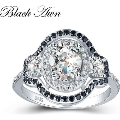 [SODROV] 3.7g 925 Sterling Silver Jewelry Wedding Rings for Women Black&White Stone Engagement Ring Femme Bijoux Bague C418