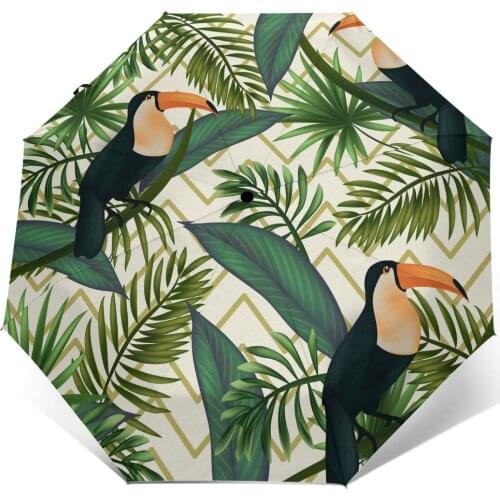 Wind Resistant Fully-Automatic Umbrella Tropical Leaves Birds Rain 3 Folding Parasol Travel Car Umbrella