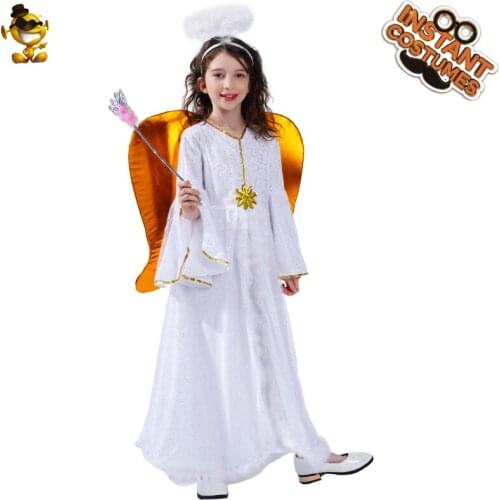 Girls Angel Costumes with Halo and Wings Christmas Party Cosplay Fancy Dress Up Role Play Angle Dresses for Childrens Gifts