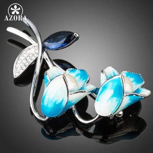 AZORA Oil Painting 3D Blue Lily Flower Cubic Zirconia Crystal Scarf Clip Pins Brooch TP0041