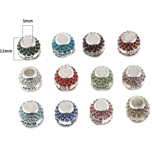 Zinc Based Alloy Birthstone Large Hole Charm Beads Silver Color Barrel Rhinestone Beads For Jewelry Bracelets Findings , 1 Piece
