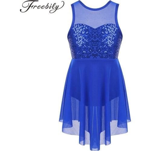 Kids Sequins Sleeveless Asymmetrical Ballet Gymnastics Leotard Girls ice Skating Performance Dress Dance Competition Costume