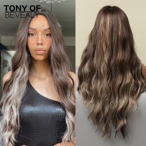 Long Water Wavy Brown to Ash Ombre Hair Middle Part for Afro Women Daily Cosplay Natural Wigs Heat Resistant Synthetic Wigs