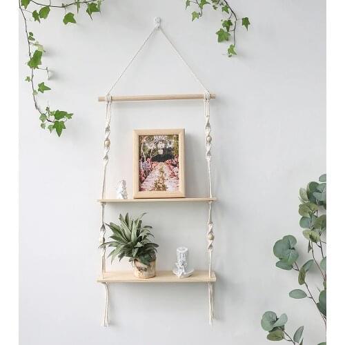 Double Layer Macrame Hanging Shelves Floating Shelf for Plants Boho Home Decor Wood Wall Shelves for Bedroom, Living Room