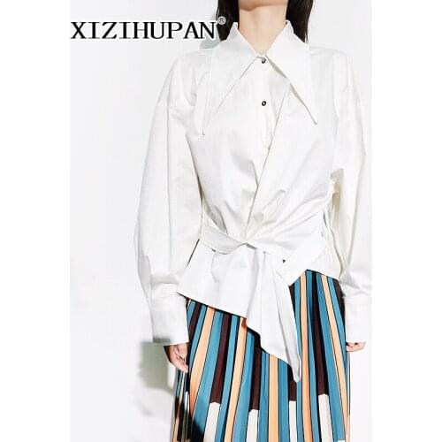 XIZIHUPAN Temperament White Womens Shirt Peaked Lapel Long Sleeve Fold Pleated Irregular Slim Blouses Female 2021 Autumn Style