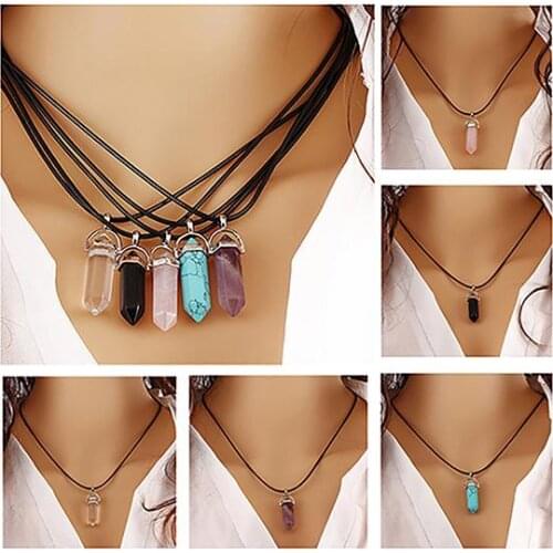 Faux Gemstone Rock Natural Quartz Healing Point Chakra Reiki Pendant Rope Necklace Choker Chain Pendant Gift Necklace Choker Hot