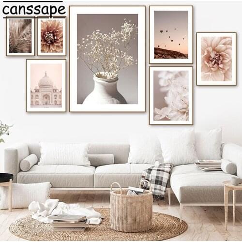 Flowers Painting Mosque Building Canvas Print Hot Air Balloon Landscape Wall Pictures Scandinavian Poster Living Room Decor