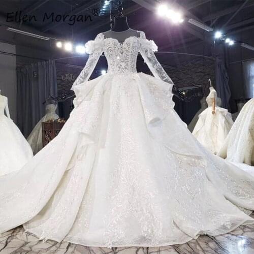 Long Sleeves Lace Wedding Dresses with Train 2021 Custom Made Princess Puffy Beaded Bridal Gowns for Women