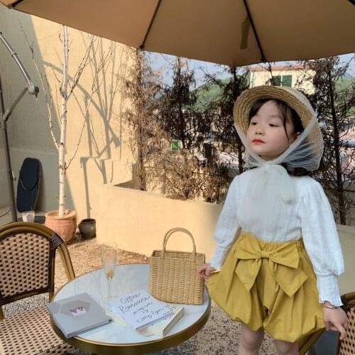2021 New Spring Korean Style Baby Girls Lace Jacquard Tops Puff Sleeve Solid Color Kids T-shirts Princess Children Tees