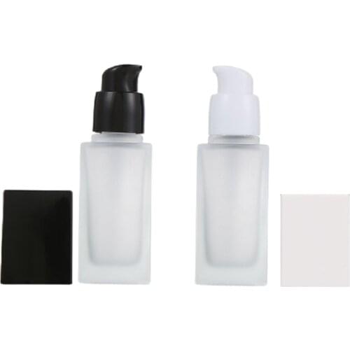 Frosted Glass Square Bottle 15ml 20ml 30ml 40ml Empty Cosmetics Packaging Black White Lid Plastic Lotion Pump 15pieces