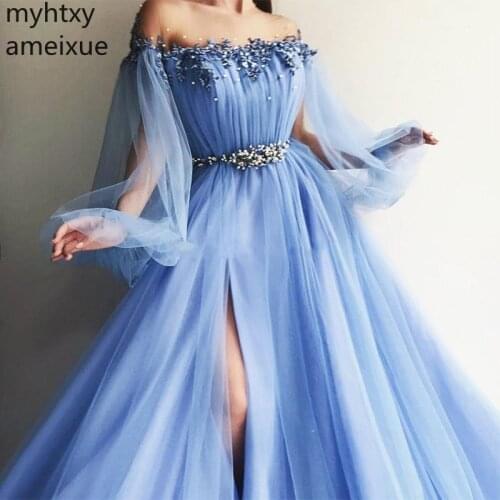 2020 The Shoulder Blue Robe Plus Size Evening Dresses Appliques Beaded Tulle Satin Split Side Floor Length Light