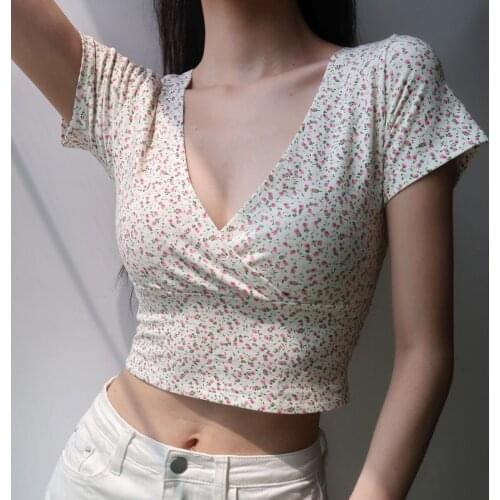 2021 New Floral Cross V-neck Tight-Fitting Cinched Slimming Cropped T-shirt Women 's Top Summer
