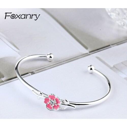 Foxanry 925 Sterling Silver New Terndy Pink Flowers Cuff Bangles & Bracelet Party Bracelet Jewelry Adjustable for Women Gifts