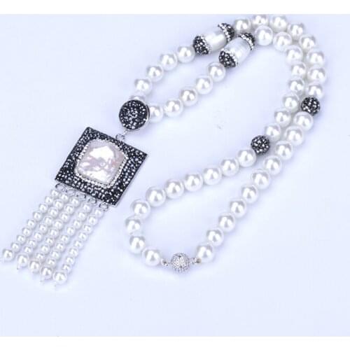 New Freshwater Pearl Bead Square Connector Charms With Beaded Red Black Tassel Chain CZ Lock Pendant Choker Necklace For Women