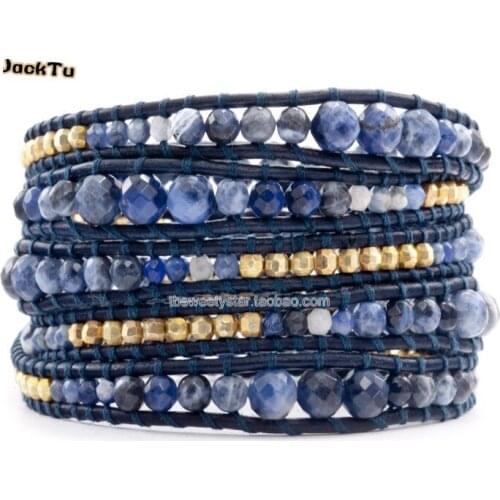 Wholesale mix size sodalite laser beads leather wrap bracelet