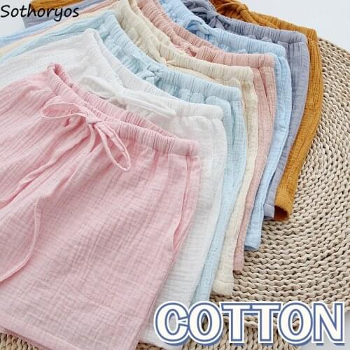 Sleep Bottoms Women Pleated Solid Elastic Waist Leisure Cotton Double Layer Gauze Summer Breathable Couples Home Wear Trousers