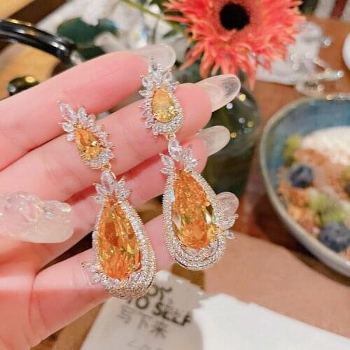 Luxury 925 Sterling Silver Bridal Wedding Earring Bling Yellow Zircon Stone Drop Earrings for Women Temperament Fine Jewelry