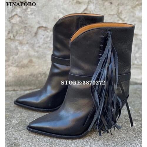 Fringe western Women Boots Genuine leather tassel metal rivets studded Cowboy Botas runway spiked Wedges heel Mid-calf Boots