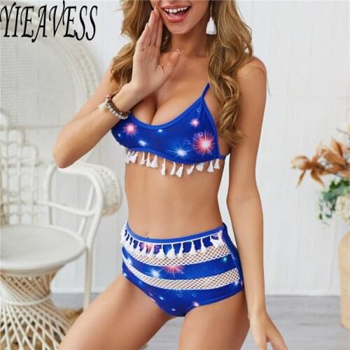 Blue Printed Tassel Bikini Sets Women Sweet High Waist Two Pieces Swimsuits 2019 Girl Beach Bathing Suits Swimwear