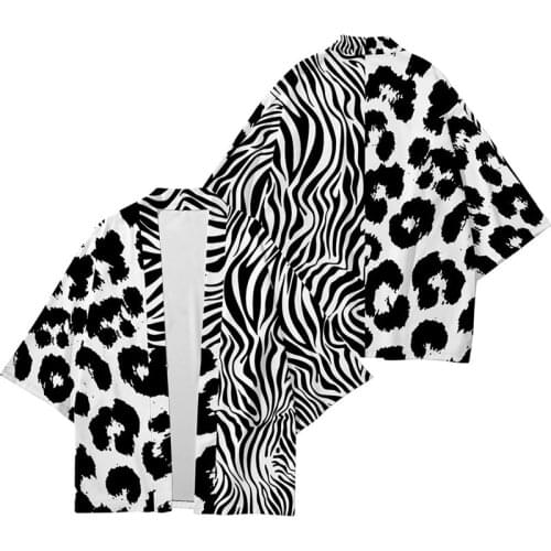 Leopard Zebra Pattern Printed Splicing Kimono Cardigan Men Japanese Traditional Casual Loose Coat Pants Asian Clothes Harajuku
