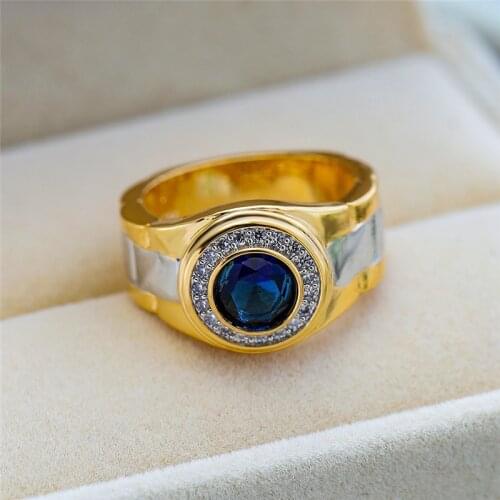 Gorgeous Male Female Round Blue Stone Ring Crystal Luxury Yellow Gold Color Engagement Ring Vintage Wedding Rings For Women Men