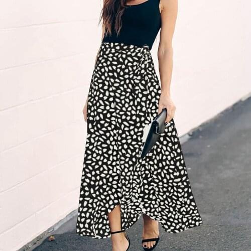 Summer Skirt Women Polka Dot Print Long Maxi Fashion Split High Waist A-Line Knee Length Sun Wrap Skirt Female