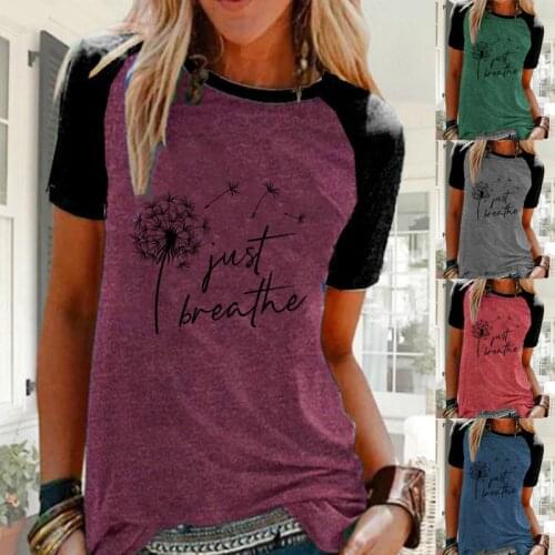Summer Womens Just Breathe Dandelion Printed Short Sleeve Tops Ladies Round Neck Casual Shirts Plus Size T-shirt Blouse S-5XL