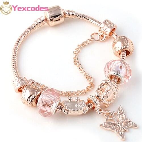 Yexcodes Rose golden butterfly Charm Bracelet With An crown Beads Fits Fine Bracelet Women Party Jewelry Dropshipping