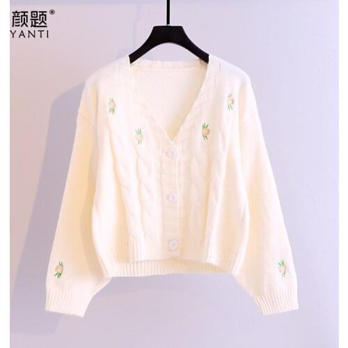 2020 New Autumn Embroidery Short Sweater Cardigan Korean Style Loose Solid Color Sweater Women