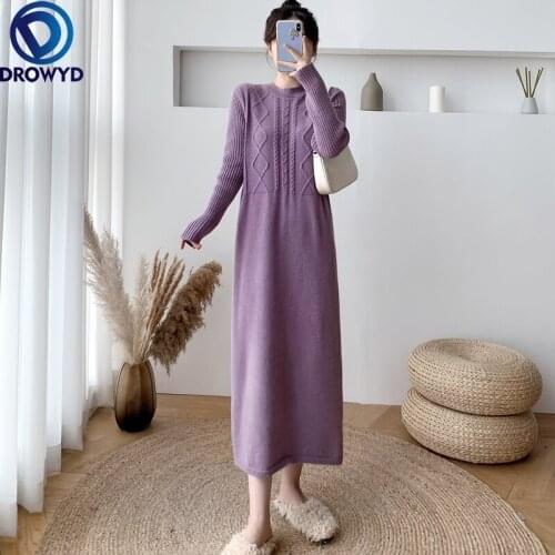 2021 Korean Version of The Autumn/winter Long Style Knitted Twist Sweater Dress Women White O-neck Loose Stretch Pullover Dress
