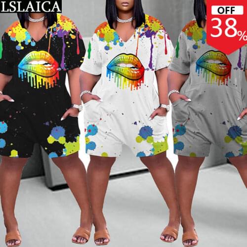 Bodysuit Loose Overalls and Splash Ink Lips Print Pockets Clothes Women Casual Home Style V Neck One Piece Outfit Jumpsuit Women