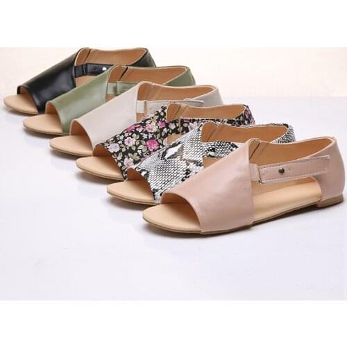 Plus Size Women Sandals Snakeskin Print Peep Toe Summer Casual Beach Flat Shoes Floarl Female Sandal Low Heels Sandalias Mujer