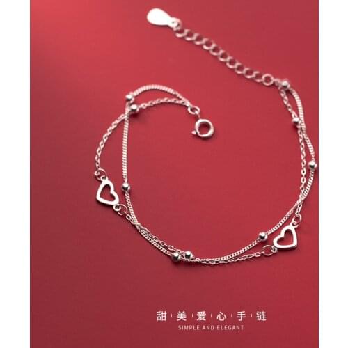 Real 925 Sterling Silver Double Layered Love Heart Chain Bracelets Beads Bracelet Fine Jewelry for Women