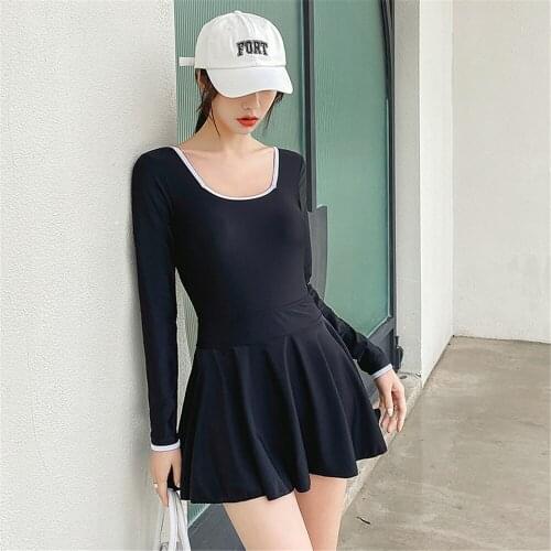 Long Sleeve One Piece Swimsuit Women Black Solid Swimwear Skirt Monokini Open Back Swim Suit Ruffle Bathing Suit Pad Korea Style