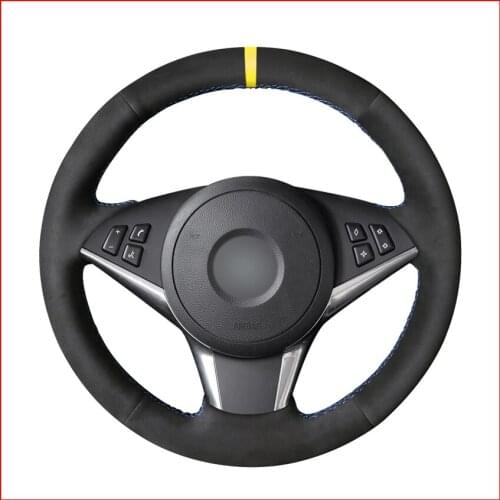 DIY Black Suede Yellow Marker Car Steering Wheel Cover for BMW E60 530d 545i 550i E61 E63 E64 630i 645Ci 650i 2004-2009
