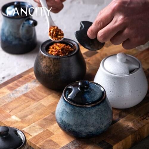FANCITY Seasoning jars, salt jars for household kitchens, seasoning boxes, ceramic pepper jars