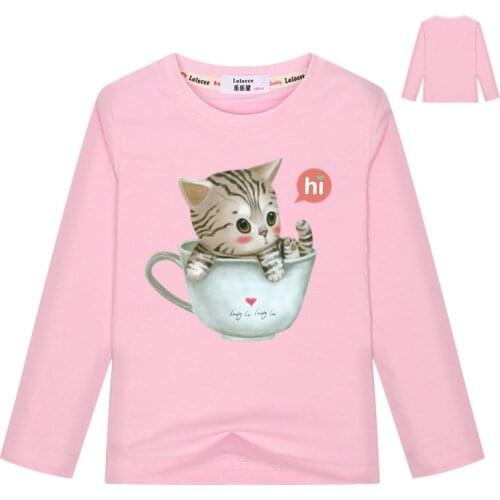 Kawaii Meow Cat Kitten Girls T Shirt 2021 Spring Hot Sale 100% Cotton Long Sleeve T-Shirt Pink Teacup Cat Tops For Baby Girls