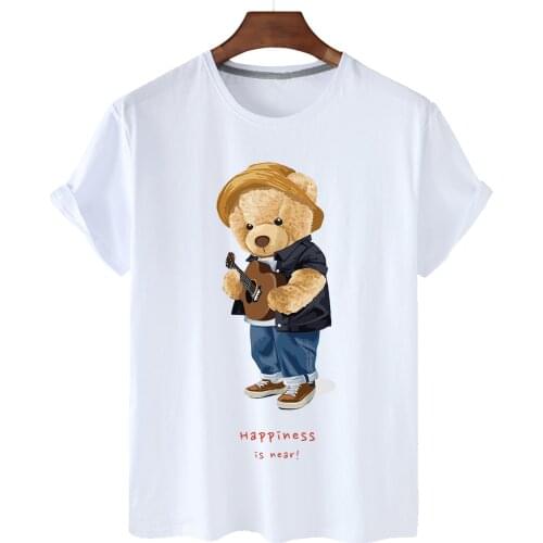 Top Playing Guitar Bear Print Cotton Short-sleeved O-neck Loose Casual Top T-shirt Women Oversized T-shirt Men And Women S-3XL