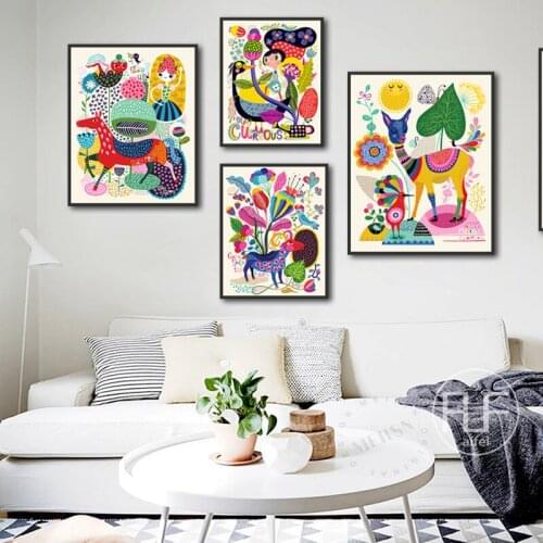Colorful Animal World Canvas Painting For Childrens Room Decoration Cartoon Nordic Poster Nursery Modular Wall Art Picture