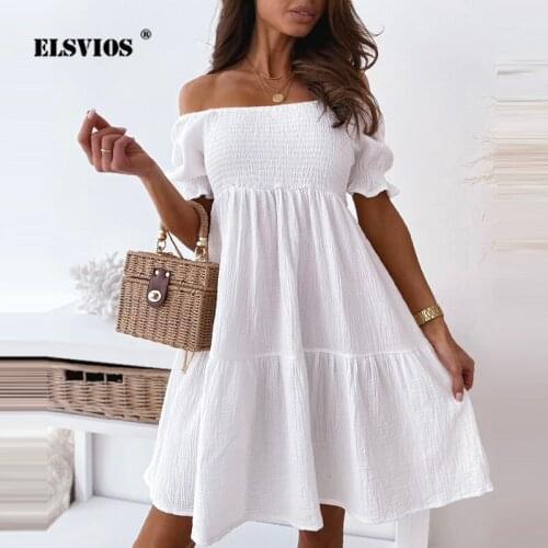 Summer Casual Womens Solid Color Slash Neck Off-shoulder Sexy Fashion Short Dress Slim Short Sleeves Strapless A-line Dresses