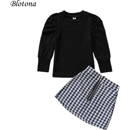 Blotona Little Girls Summer Outfits 2Pcs Suit Fashion Solid Color Long Puff Sleeve T-shirt and Plaid Short Skirt, 6Months-4Years