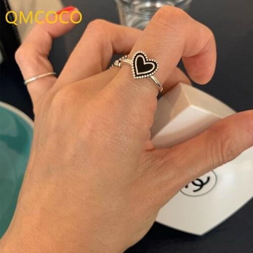 QMCOCO 925 Silver Classic Retro Design Black LOVE Heart-Shape Ring Woman INS Trendy Personality Jewelry Accessories Gifts