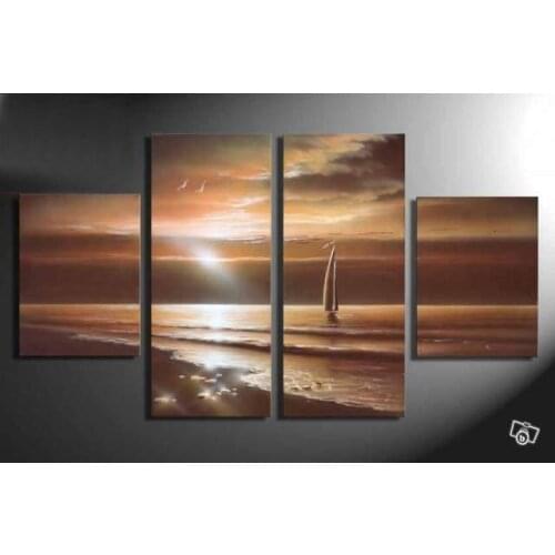 Hand-painted wall art sea sun rising the boat home decoration beach children oil painting 4pcs/set framed
