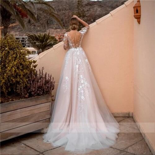 Blush Light Pink Wedding Dresses With Half Sleeves Floral Lace Applique Tulle Long Bridal Dress Bride Gowns