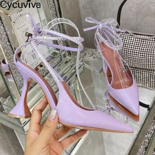 Sexy Pointed Toe Women Sandals Leather Ankle Strap Cup Heels Ladies Slides Summer Pumps Brand Party Dress Crystal Shoes Woman