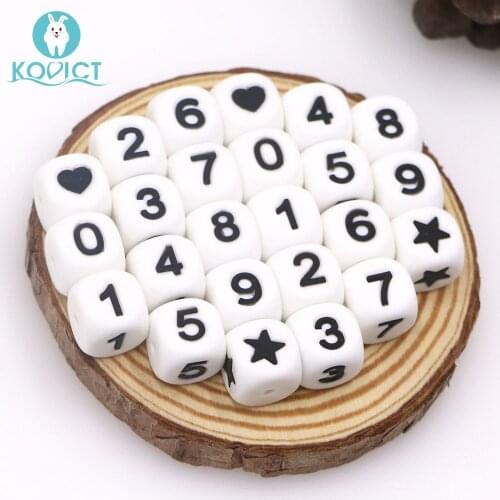 Kovict 12mm Silicone letters Beads star/heart /Arabic numerals Baby Teether Beads Chewing Alphabet Bead