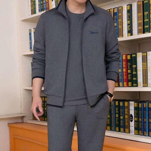 Mens Sportswear Two Piece Set New Sport Casual Tracksuit Stand Zipper Gray Sweatshirt Sweatpant Running Gym Fitness Clothin