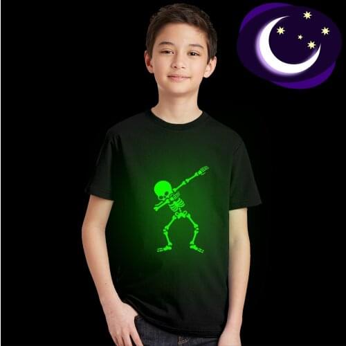 Dabbing Skull Black Summer Unisex Luminous T-shirt Kids Funny Children T-shirts Boy Girl Print Glow In Dark Clothes Noctilucent