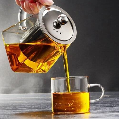 750ML Heat Resistant Glass Teapot Thickened with Stainless Steel Infuser Tea Pot Clear Square Kettle KungFu Tea Set