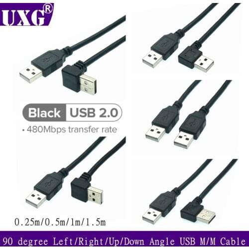 USB 2.0 A Male To USB A Male 90 Degree Left Right Up Down Angle Extension Adapter Charging And Data Cable Cord 25cm 50cm 1m 1.5m
